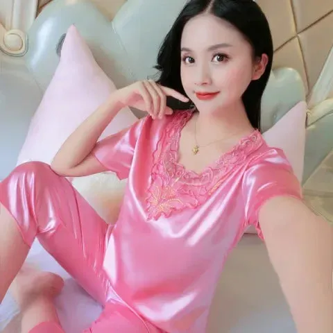 Summer Women Short Sleeve V Neck Pajamas Set Large Size Lace Home Clothes Imitation Silk Nightwear Pants Sleepwear Suit M-3XL