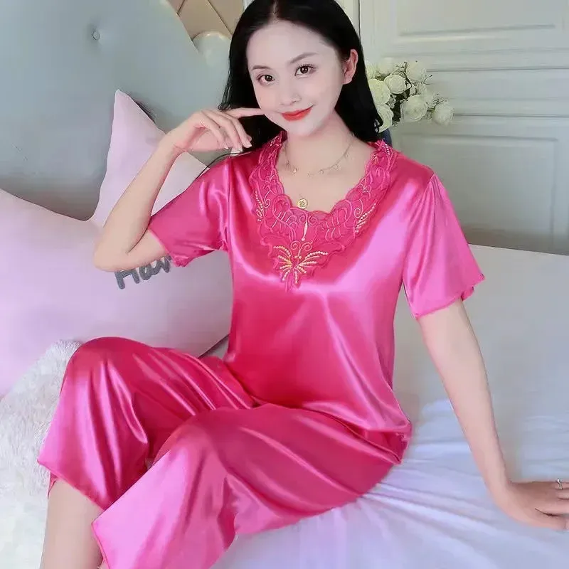 Summer Women Short Sleeve V Neck Pajamas Set Large Size Lace Home Clothes Imitation Silk Nightwear Pants Sleepwear Suit M-3XL