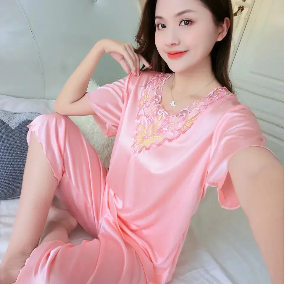 Summer Women Short Sleeve V Neck Pajamas Set Large Size Lace Home Clothes Imitation Silk Nightwear Pants Sleepwear Suit M-3XL