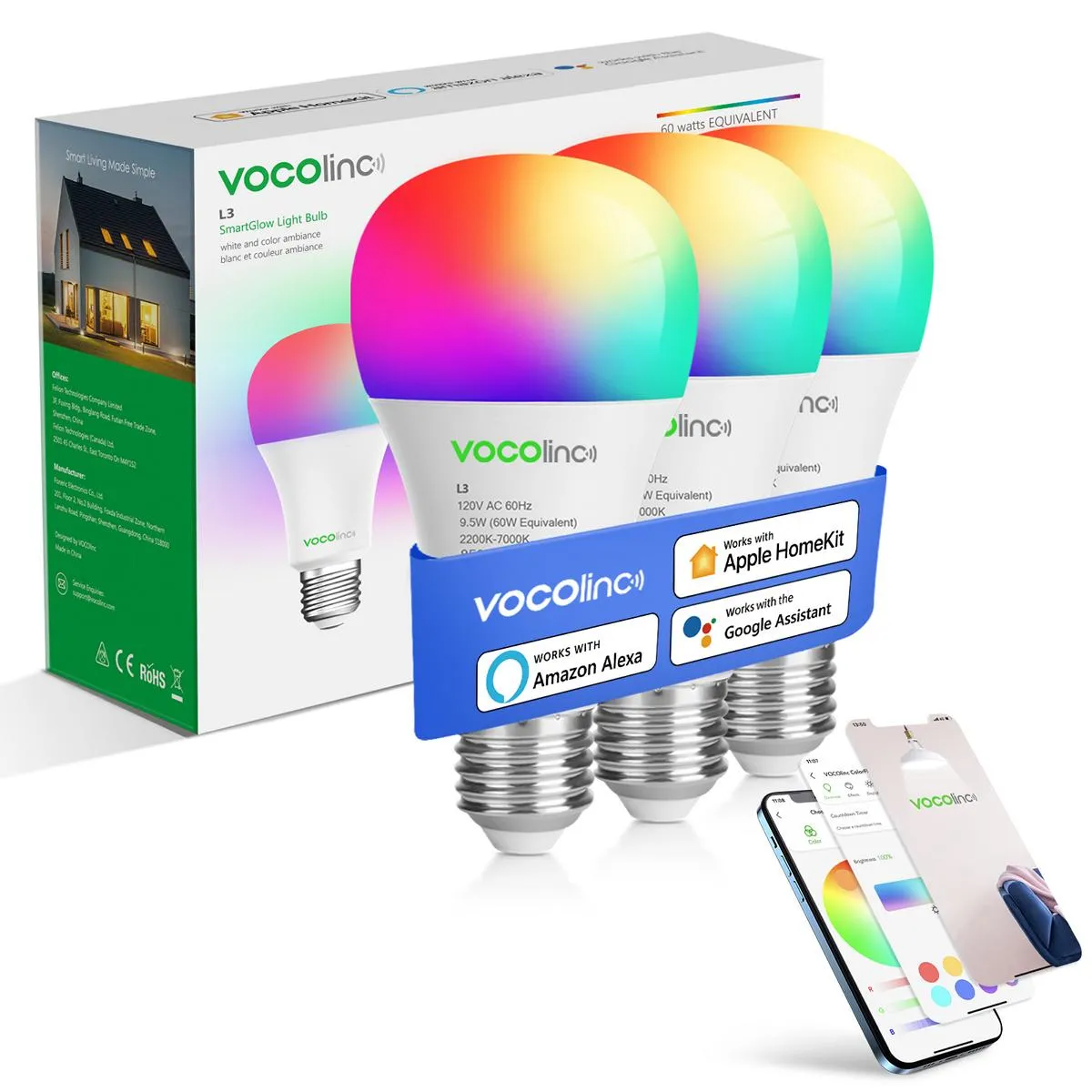 VOCOlinc SmartGlow WiFi RGBW Ambiance LED Light Bulbs– L3-3 Packs