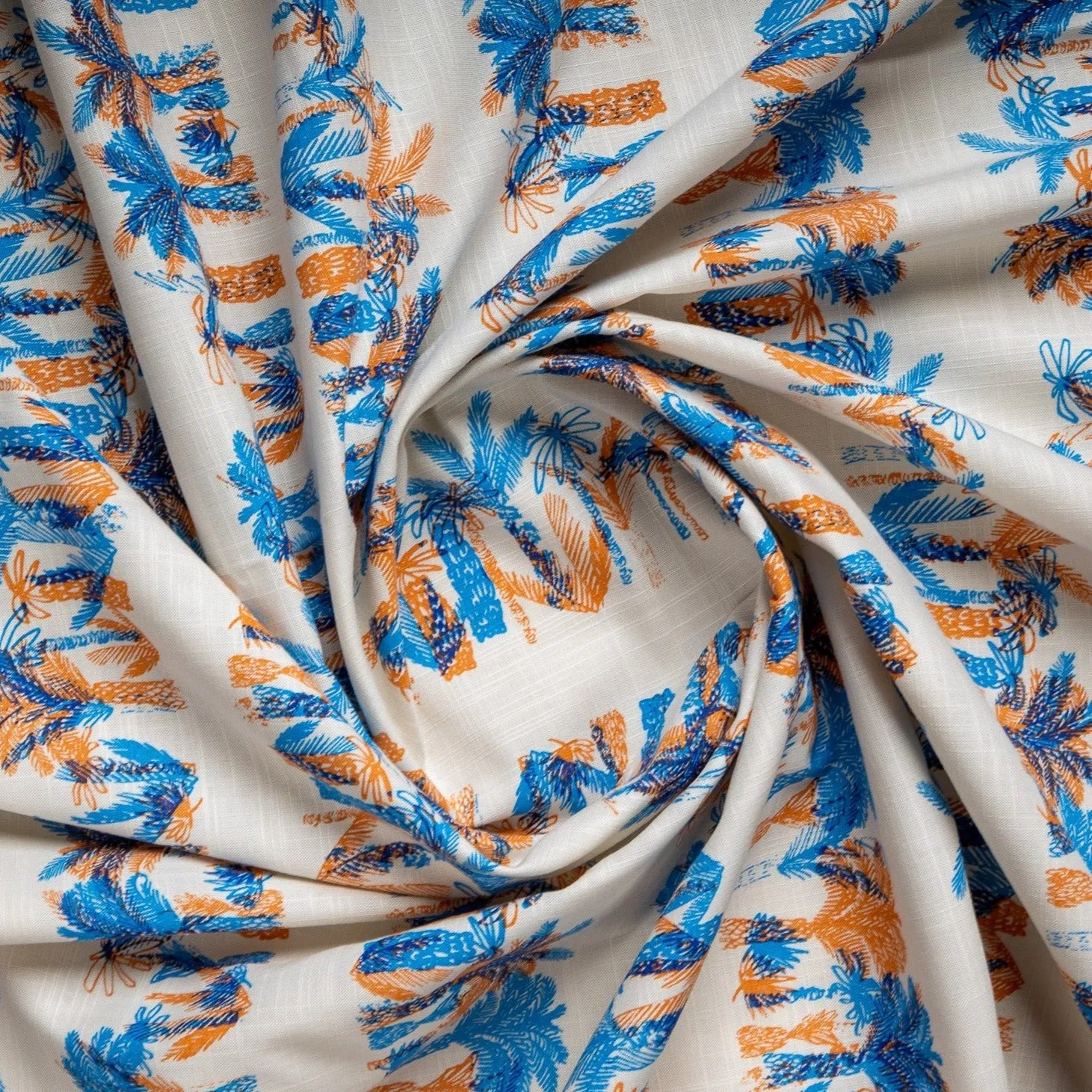 White Orange Blue Quirky Kids Print Cotton Fabric